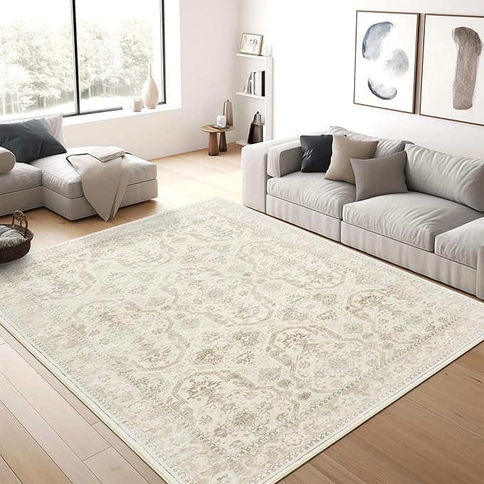 Area Rugs 5x7, Washable Rug, Stain Resistant 5x7 Area Rugs for Living Room Bedroom Dining Room, Vintage Gray Farmhouse Rug Beige