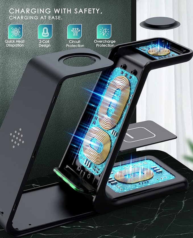 3 in 1 Wireless Charging Station, 2026 Upgraded Fast Desk Charger Station for iPhone 17 16 15 14 13 12 Pro Max Plus, Charger Stand for Apple Watch 10 9 8 7 6 5 4 3 2 SE, Airpods 4 3 2 Pro(Black)