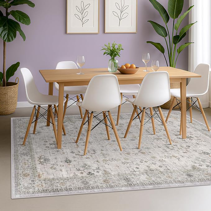 Washable Light Gray & Sage Living Room Rug 6x9 - Image 3