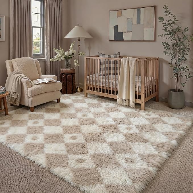 Beige 5x8 Area Rug for Living Room Soft Checkered Shag Carpet | Machine Washable - Image 3