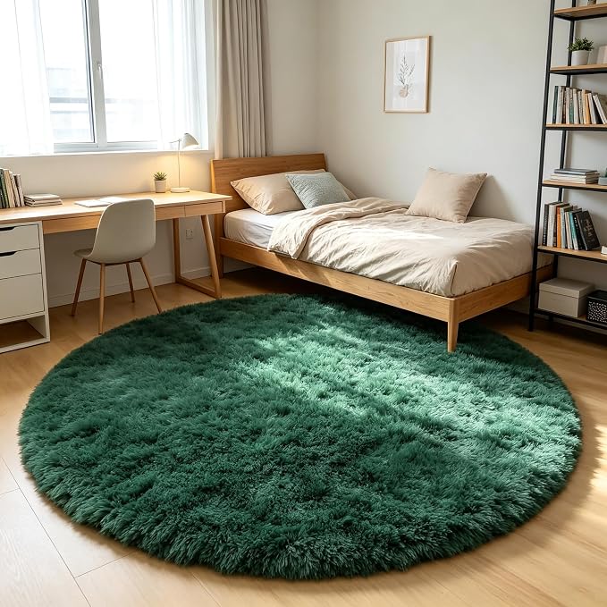 Dark Green Round Area Rugs 5ft, Fluffy Soft Bedroom Circle Rug by ONASAR