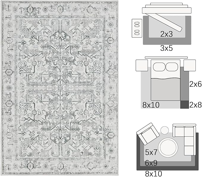 jinchan Lima 8x10 Machine Washable Area Rugs for Living Room - Vintage Floral Stain Resistant Low Pile Ultra-Thin Non Slip Accent Rug for Bedroom Kitchen Dining Room Home Office (8x10ft, Grey)