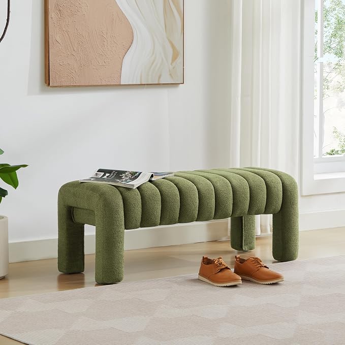43" Boucle Bed Bench, Linen Green | Upholstered Channel Tufted, Accent Window - Image 9