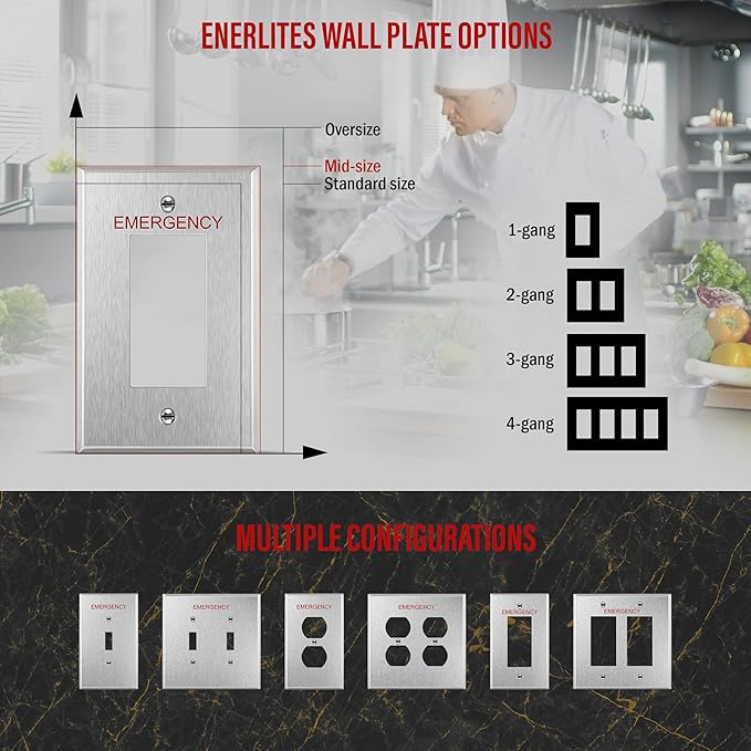 ENERLITES Decorator Switch or Outlet Metal Wall Plate with Emergency Label, 430 Stainless Steel, Corrosion Resistant, Mid-Size 1-Gang 4.88" x 3.11", UL Listed, 7731M-E, Silver