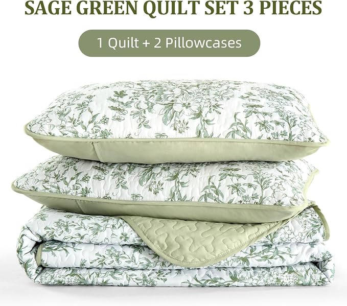 WONGS BEDDING Botanical Twin Quilt Set, Sage Green Lightweight Bedspread | - Image 7
