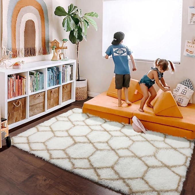 7x9 Area Rugs for Living Room Bedroom, Large Fluffy White and Beige Throw Rug - Image 8