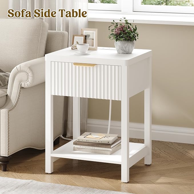 Night Stand Set 1, Fluted Wood Bedside Table w/Socket Station - Image 2