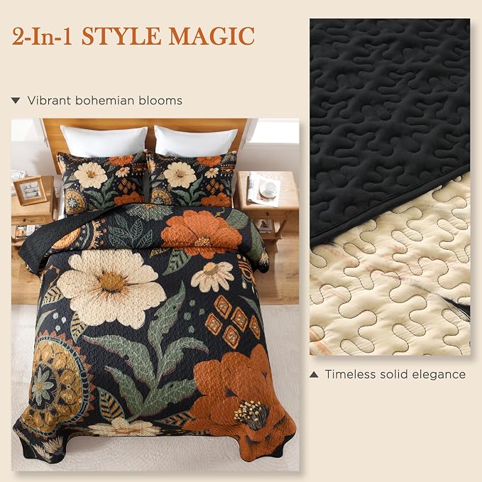 California King Quilt, Cal King Oversized Black Floral Bedspread | 3 Pieces - Image 9