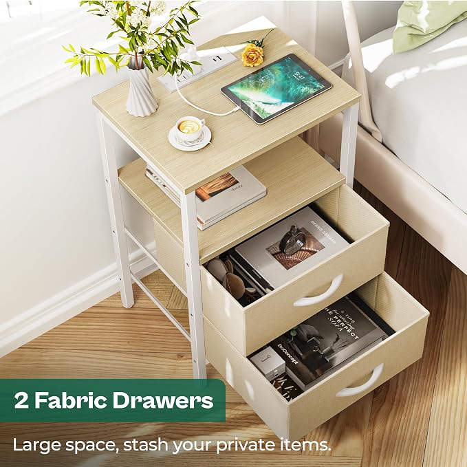 Huuger Nightstand with Charging Station, Side Table with Fabric Drawers | End - Image 5