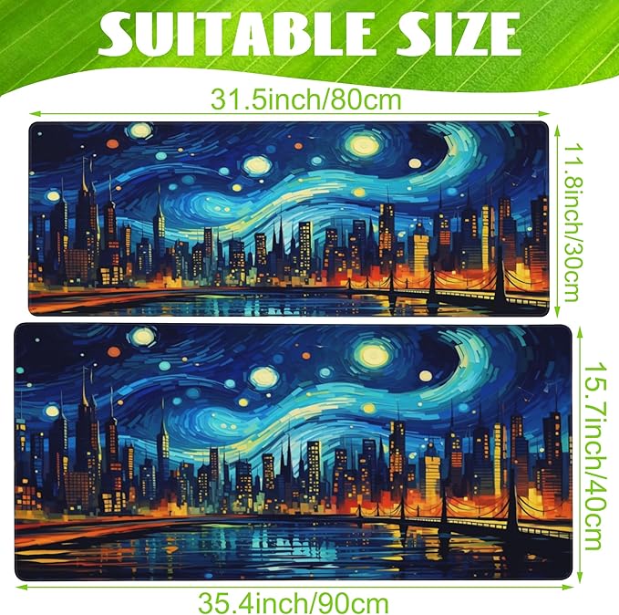 Eflxamz Desk Pad,City Starry Night Desk Mat,Abstract Oil Painting Large Gaming Mouse Pad for Desk,Extended Big Computer Keyboard Mouse Pad with Non-Slip Base and Stitched Edge,35.4"x15.7"