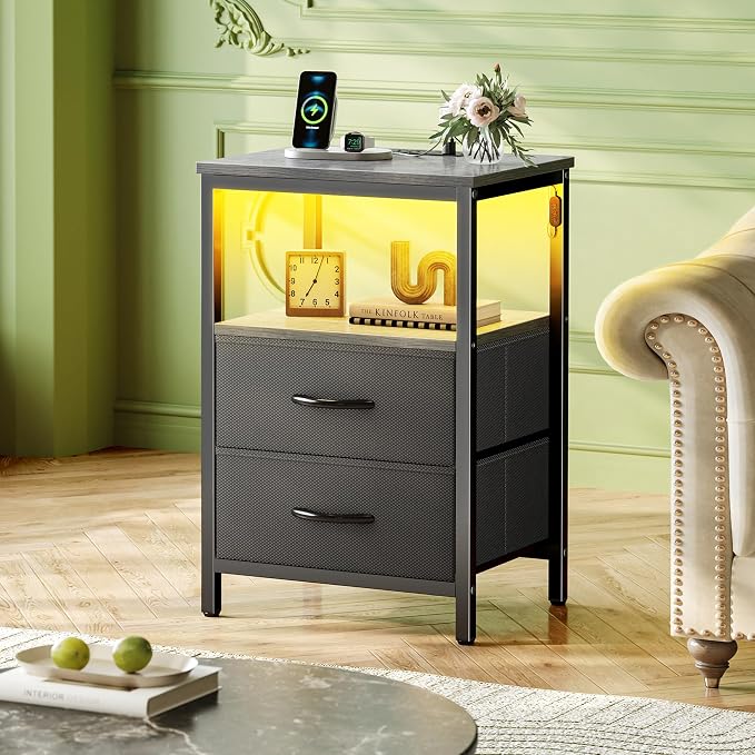 Huuger Night Stand with Charger Station and LED Lights, 2 Drawer Nightstand | - Image 2