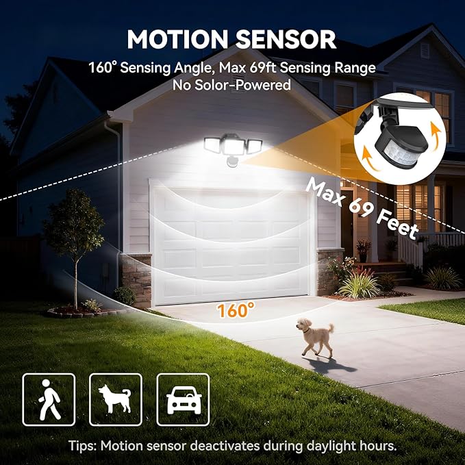 PURICH LED Security Lights Motion Sensor Light Outdoor, 7000LM, 6500K, Waterproof, Flood Light Outdoor Motion Detector with Adjustable 3 Head, Hardwired Wall Light for Entryway, Yard, Garage (2)