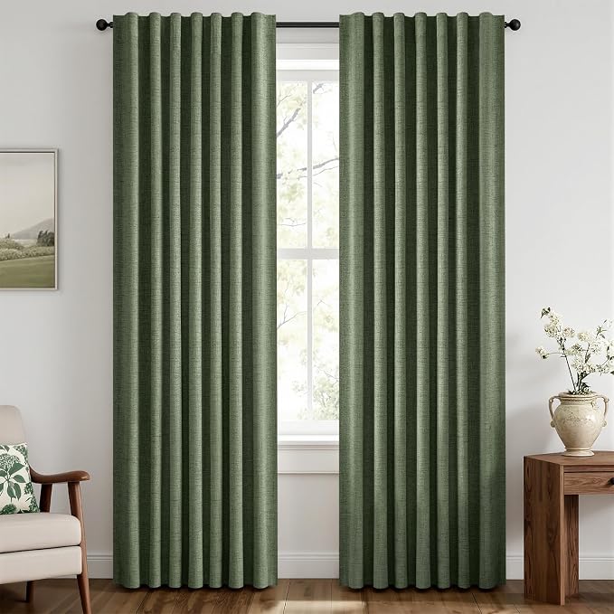 MIULEE 100% Blackout Linen Curtains 42 x 84 Inch Olive Green 2 Panels | Thermal by MIULEE
