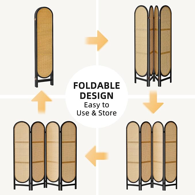 4 Panel Rattan Room Divider, Folding Room Divider Screen, Arched Room Separator - Image 7