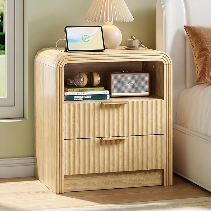 Decofy Fluted Nightstand with Charging Station, 19.7'' Wide Morden End Table by Decofy