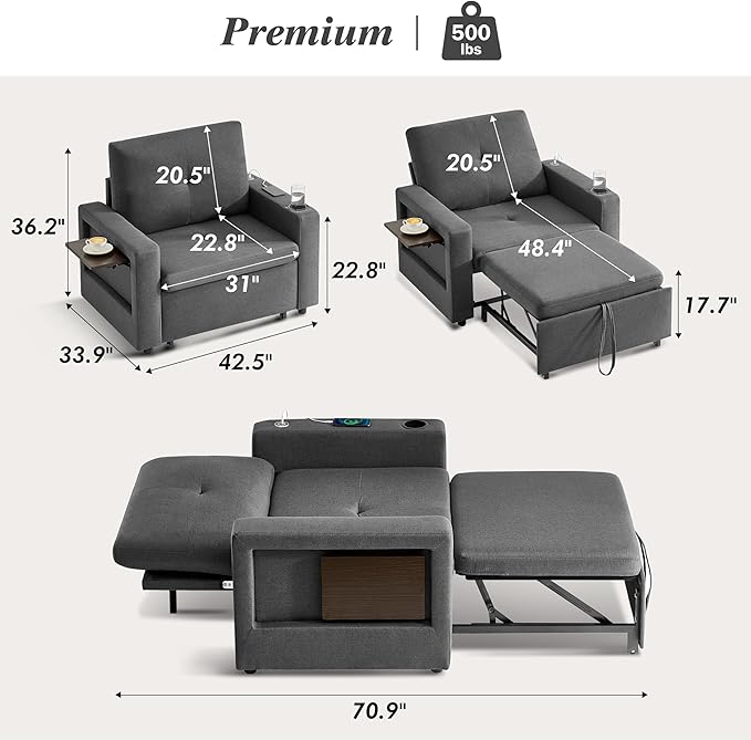 WEUP 42.5" Sleeper Chair Bed, 3-in-1 Convertible Reclining Sofa Chair - Image 2
