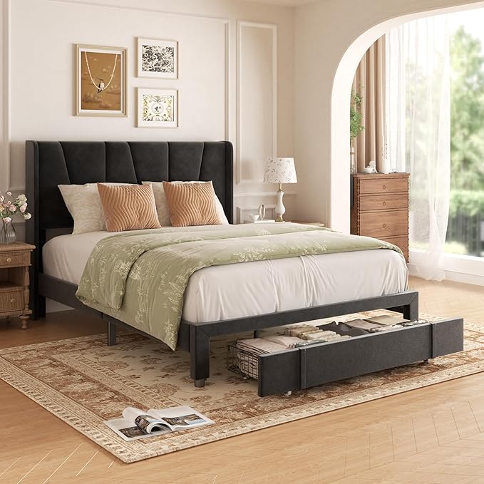 Queen Bed Frame with Storage Drawers, Upholstered Queen Size Platform Bed with 47" Tall Headboard and Wingboard, No Box Spring Needed, Noise Free, Easy Assembly, Wooden Support Slats, Black