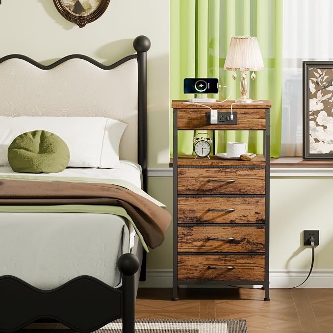 Night Stand with Charging Station, 4 Drawers Tall Bedside Table | Small Rustic - Image 4