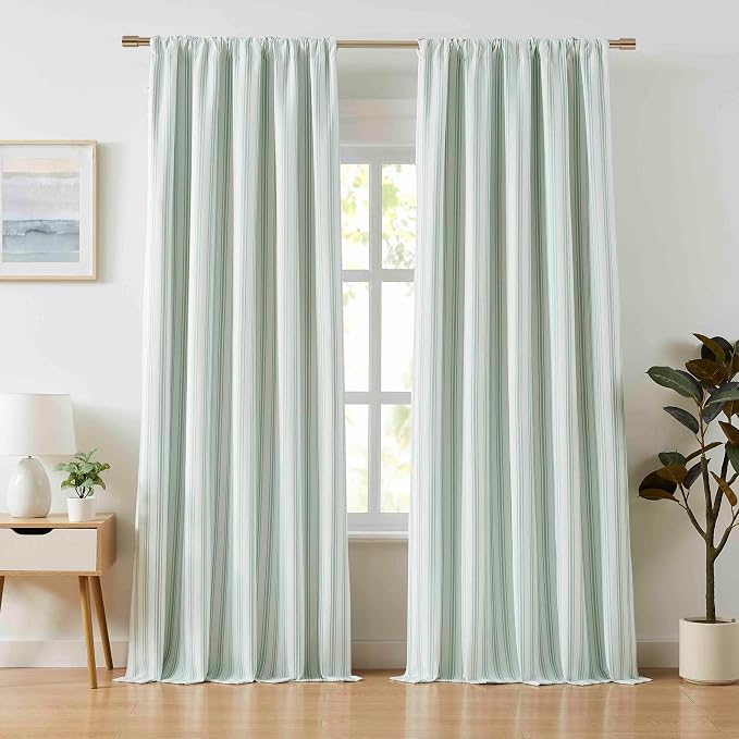 ZJDECOR 84 Inches Long Green White Stripe Full Blackout Curtains Rod Pocket | by ZJDECOR