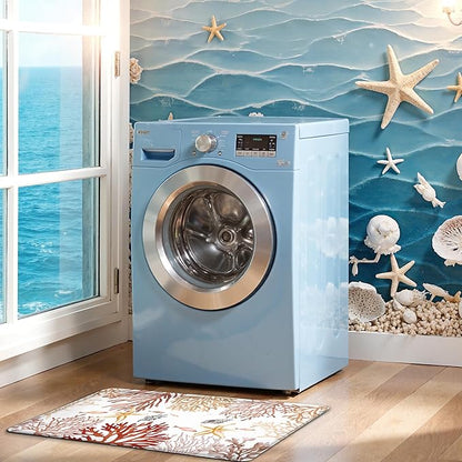 Kitchen Mats for Floor Cushioned Anti Fatigue Sets of 2 Coastal Kitchen Rugs Non Slip Waterproof Nautical Foam Kitchen Floor Rug Beach Theme Coral Fish Comfort Standing Mat for Sink Laundry, Red