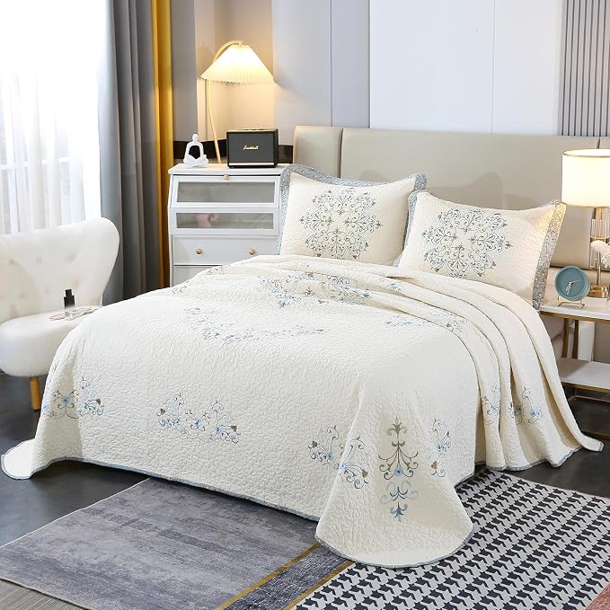 ROOMLIFE Quilt Set King Size 3D Floral Embroidery Pattern 3-Piece Cotton | by ROOMLIFE