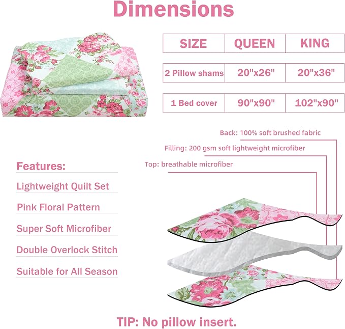 Cmfshape Summer Floral King Quilted Bedspread, Romantic Pink Quilt Set - Image 5