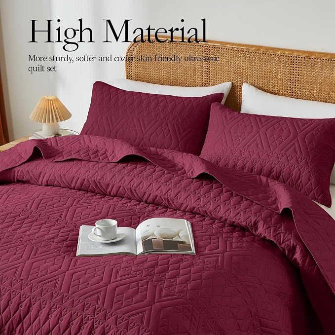 akkialla Twin Quilt Set, Burgundy Lightweight Microfiber Bedspread Coverlet - Image 4