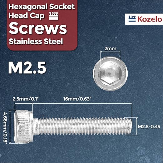 Kozelo 50pcs Socket Head Cap Screws - [M2.5-0.45 x 16mm] 304 Stainless Steel Allen Socket Drive for Electrical Motor 3D Printing Fan Engine Replacement Use, Silver