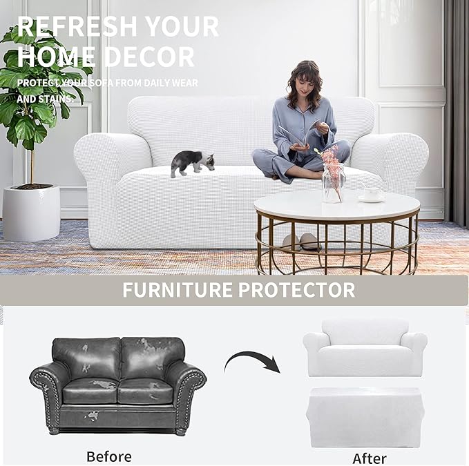 Easy-Going Stretch Oversized Loveseat Slipcover 1-Piece Sofa Cover Furniture Protector Couch Soft with Elastic Bottom for Kids Polyester Spandex Jacquard Fabric Small Checks Snow White