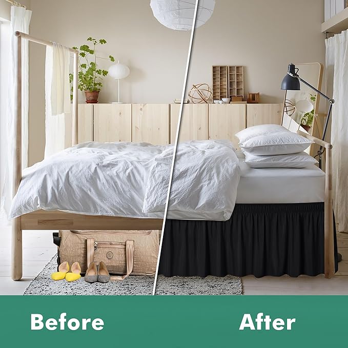 Biscaynebay Wrap Around Bed Skirts with Split Corners for Queen Beds 17" Drop, Black Elastic Dust Ruffles Adjustable Easy Fit Wrinkle & Fade Resistant Silky Luxurious Fabric Machine Washable