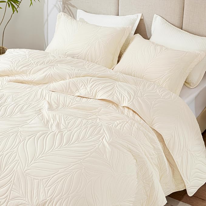 EXQ Home Queen Quilt Set Leaf Pattern Beige Bedspread | Bedding Set - Image 2