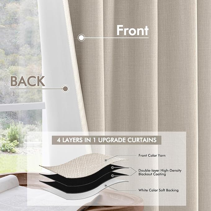 MIULEE 100% Blackout Back Tab Pleat Linen Curtains 50" Wx96 L, Thick Faux Linen - Image 5