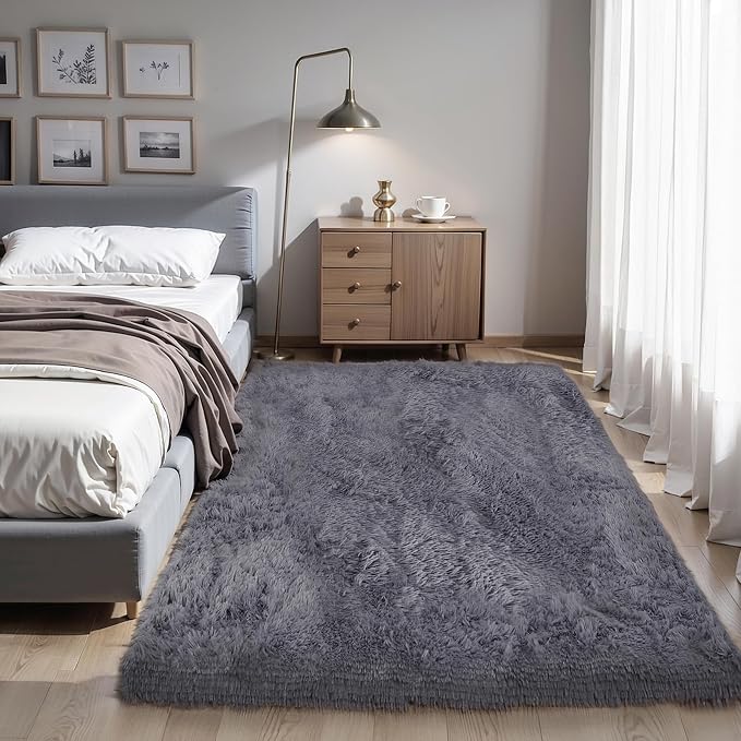 4x6 Thick Grey Fluffy Shag Rug for Bedroom, Plush Washable Carpet | Area Rug by KICHOWUA
