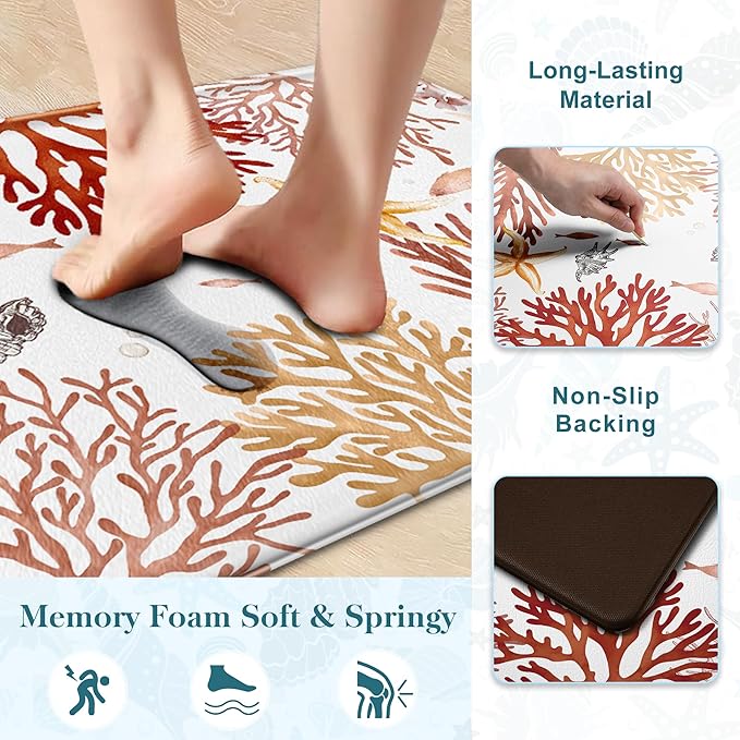 Kitchen Mats for Floor Cushioned Anti Fatigue Sets of 2 Coastal Kitchen Rugs Non Slip Waterproof Nautical Foam Kitchen Floor Rug Beach Theme Coral Fish Comfort Standing Mat for Sink Laundry, Red