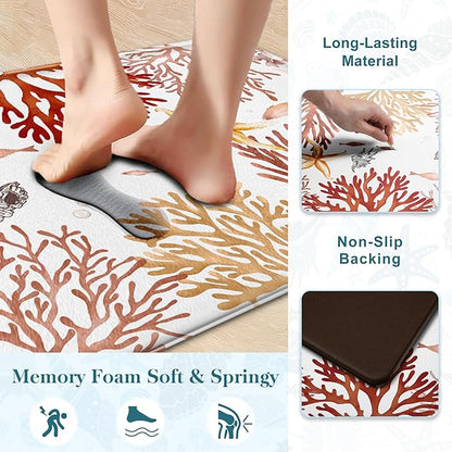 Kitchen Mats for Floor Cushioned Anti Fatigue Sets of 2 Coastal Kitchen Rugs Non Slip Waterproof Nautical Foam Kitchen Floor Rug Beach Theme Coral Fish Comfort Standing Mat for Sink Laundry, Red