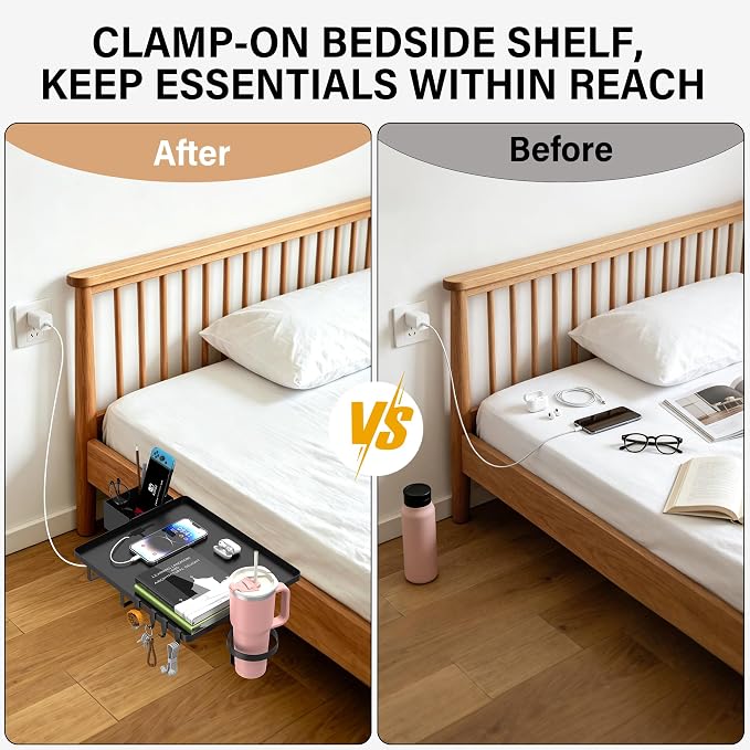Bedside Shelf, Metal Bed Shelf For Dorm Room Clip On Floating Tray | College - Image 7