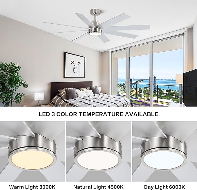 WINGBO 60" Large DC Ceiling Fans with Lights and Remote, 3 Downrods, 8 Plywood Blades, 6-Speeds Reversible DC Motor, 3CCT, Indoor Ceiling Fan for Bedroom Living Room Patio, Brushed Nickel and Silver