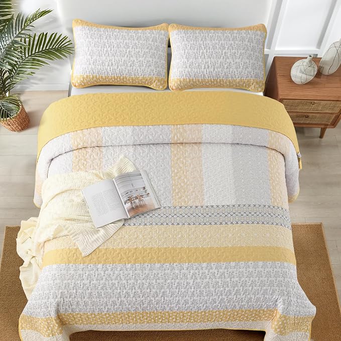 WONGS BEDDING Yellow King Size Quilt Set, Boho Striped Patchwork Bedspread | 3 - Image 3
