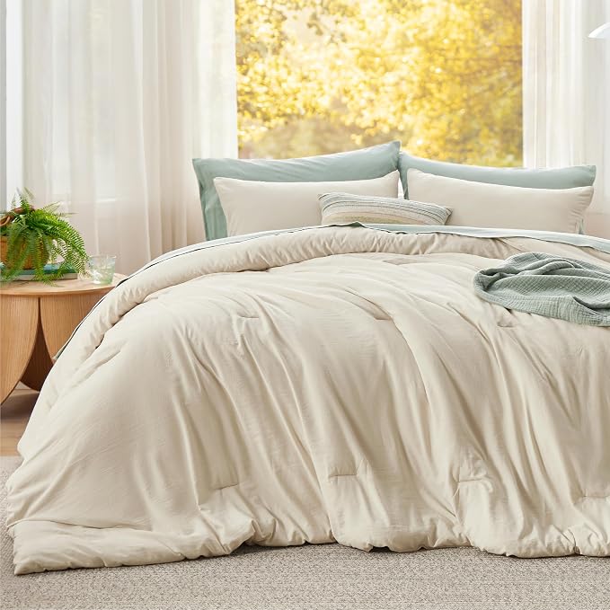 Bedsure Super King Comforter Set, Cream Soft Prewashed Bedding - Image 2