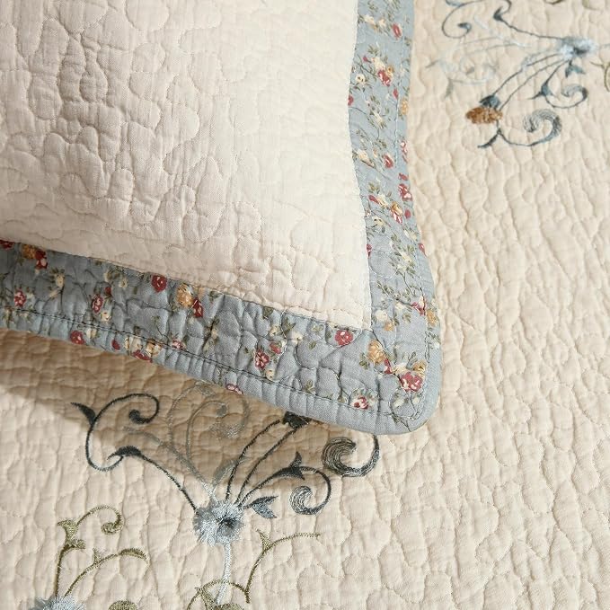 ROOMLIFE Quilt Set Queen Size 3D Floral Embroidery Pattern 3-Piece Cotton | - Image 6