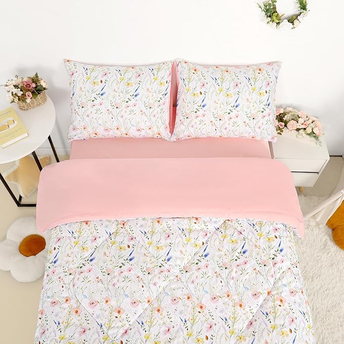 Twin Size Toddler Bedding Set for Girls- 5 Piece Toddler Girl Bedding, Super Soft & Lightweight Toddler Comforter Set Includes Comforter, Flat Sheet, Fitted Sheet, Pillowcase (Pink Flowers)