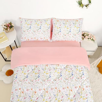 Twin Size Toddler Bedding Set for Girls- 5 Piece Toddler Girl Bedding, Super Soft & Lightweight Toddler Comforter Set Includes Comforter, Flat Sheet, Fitted Sheet, Pillowcase (Pink Flowers)