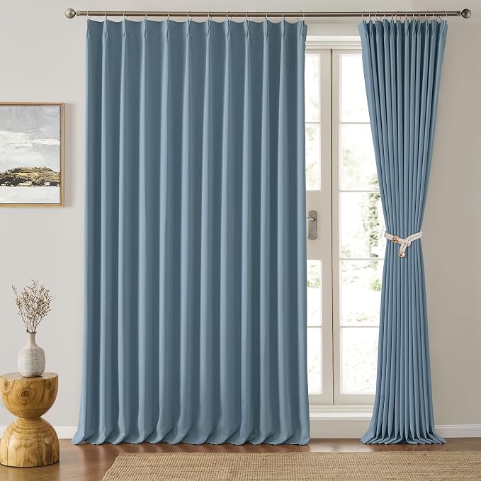 Dusty Blue Pleat Wide Width Drapes 80 x 96 inch Long 2 Panels by KEQIAOSUOCAI