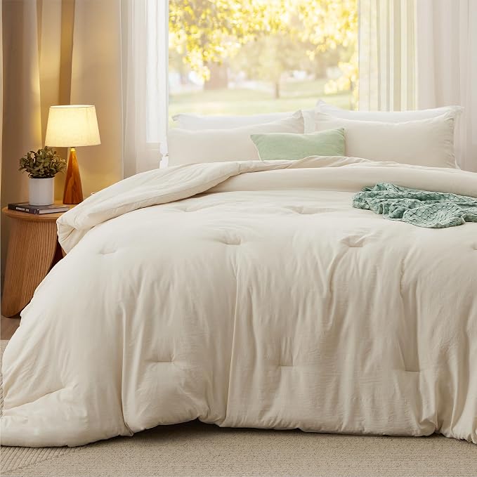 Bedsure California King Comforter Set, Cream Soft Prewashed Bedding - Image 2