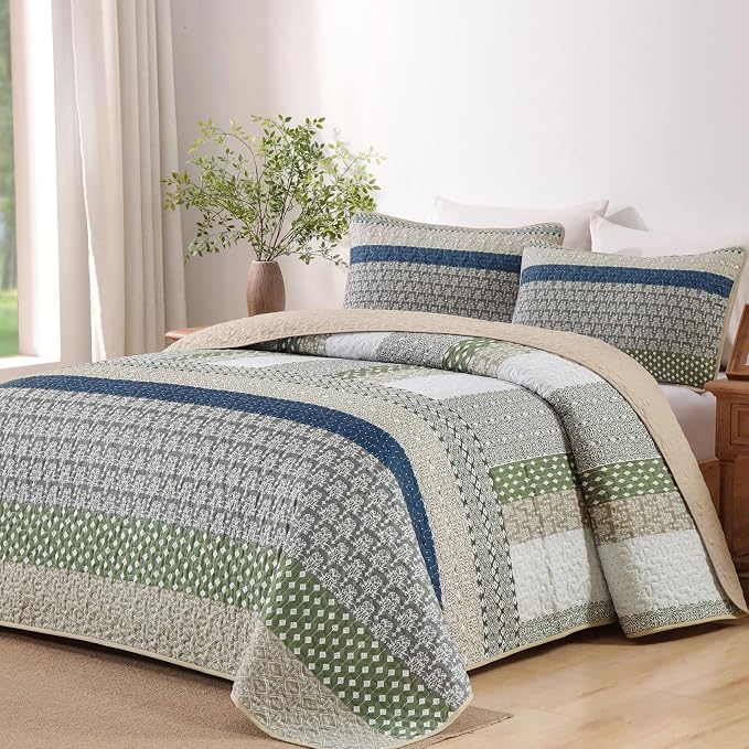 WONGS BEDDING King Quilt Set Khaki Green, 3 Pieces Striped Bedspread | Ultra by WONGSBEDDING