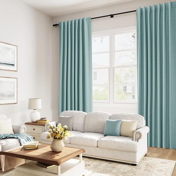 Light Blue 100% Blackout Linen Curtains 84 Inch Length 2 Panels Set - Image 8