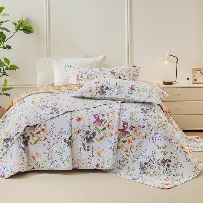 QSH 3Pcs Oversized King Bedspread Set, 100% Cotton Floral Quilt Bedding Set - Image 8