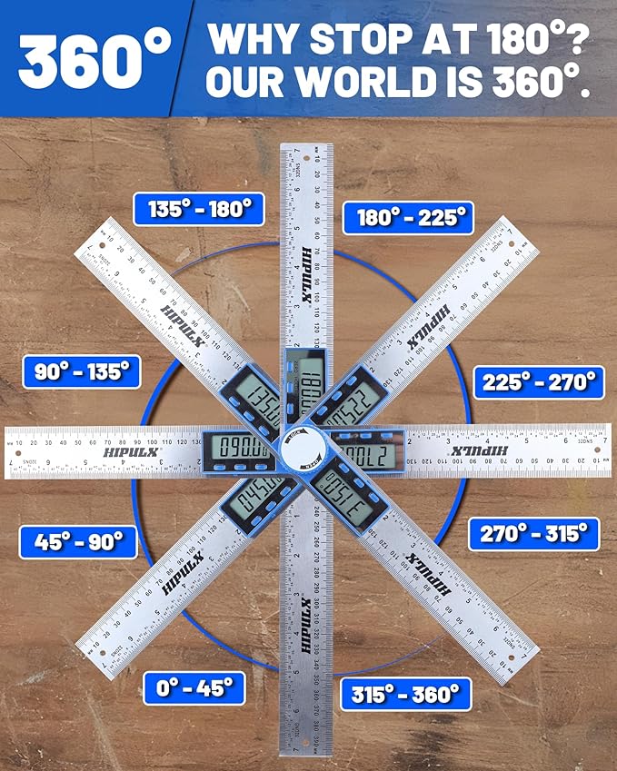 HIPULX Digital Angle Finder Ruler, 7 Inch 2-in-1 Stainless Steel Angle Finder Tool, 360° Digital Protractor with LCD Display for Woodworking, Construction, Reverse Angle Measurement