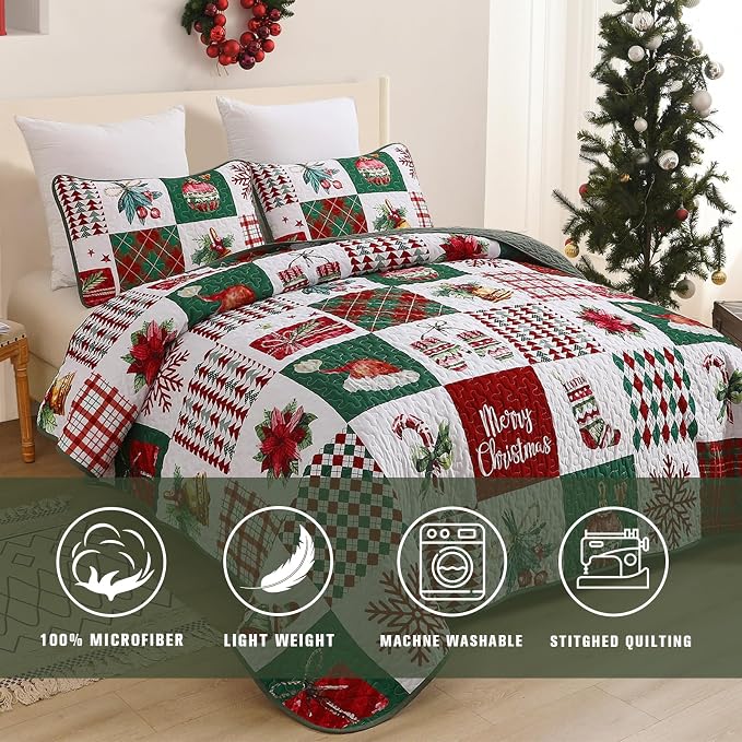 Mybedsoul Christmas Quilt Set Queen Size 3 Pieces Christmas Patchwork Snowflake - Image 2