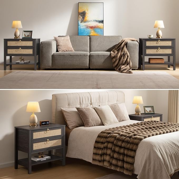 SICOTAS Rattan Nightstand Set of 2, Wide Boho Bedside Table - Image 7